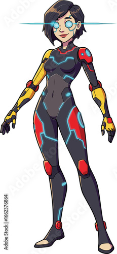 Futuristic female cyborg character in advanced black and red exosuit with glowing blue eye visor and yellow robotic arms vector illustration