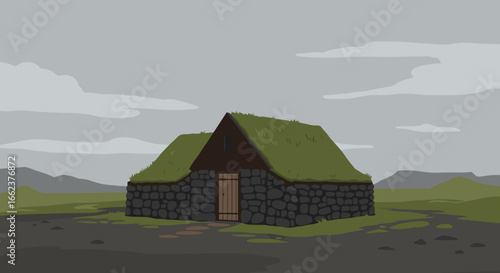 Historic stone cottage with green roof rural landscape digital art overcast sky tranquil scene. Vector illustration