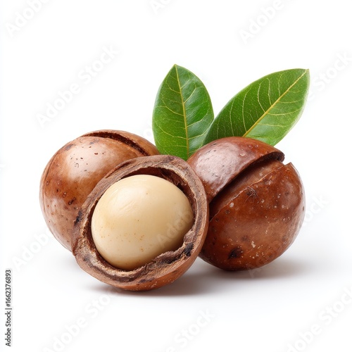 A close-up shot of macadamia nuts with green leaves. The nuts are brown and have a creamy white interior when cracked open