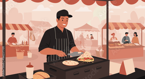 Delicious food preparation by vendor at local market street environment vibrant atmosphere culinary art. Vector illustration