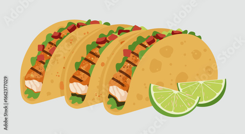 Delicious grilled fish tacos with lime coastal kitchen food illustration minimalist style top view culinary delight. Vector illustration