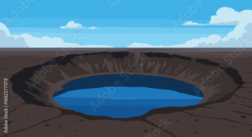 Mysterious underground water pool formation desert landscape digital art bright sky aerial view natural phenomenon. Vector illustration