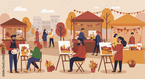 Artistic outdoor festival celebrating creativity community park illustration autumn atmosphere wide angle art appreciation. Vector illustration