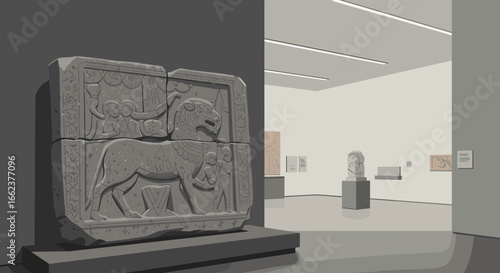Exploring ancient artifacts museum exhibition modern gallery sculpture display contemporary environment artistic perspective. Vector illustration