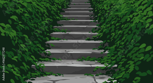 Exploring lush green stairs in nature tranquil pathway outdoor photography serene environment perspective on growth. Vector illustration