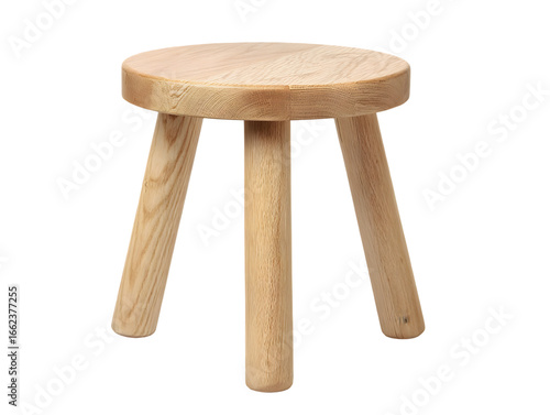 Simple three-legged stool made of light-colored wood.