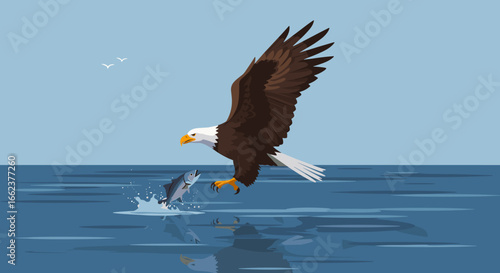 Eagle hunting for fish ocean illustration clear sky aerial view wildlife action. Vector illustration