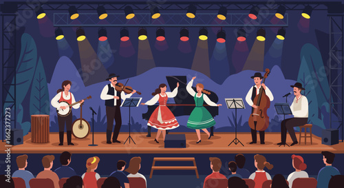 Live folk music performance with traditional dancing concert hall digital artwork vibrant atmosphere audience perspective. Vector illustration
