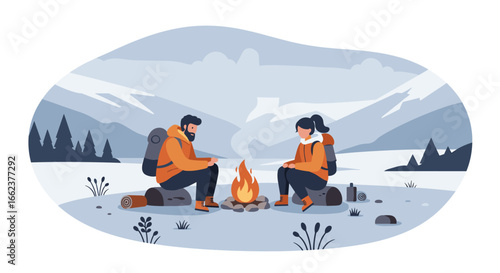 Camping adventure by the fire snowy mountains illustration outdoor eye level exploration. Vector illustration