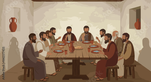 The last supper scene depicting jesus and disciples jerusalem illustration historical perspective faith. Vector illustration