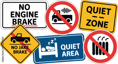 Collection of Quiet Zone, No Engine Brake, and No Jake Brake Restriction Signs