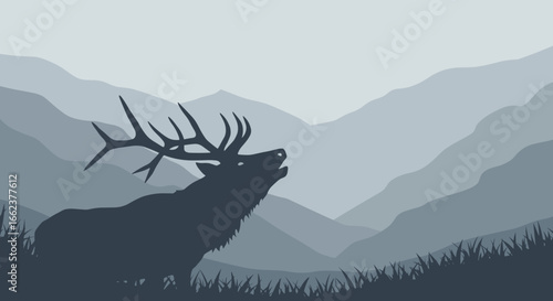 Majestic elk call in serene mountain landscape minimalist illustration calm environment nature concept. Vector illustration