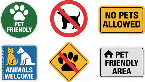Collection of PetRelated Signage Pet Friendly, No Pets Allowed, Animals Welcome, Paw Prints