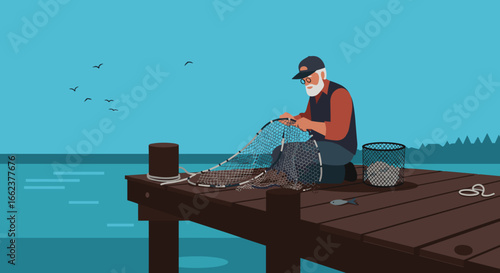Fishing activity by the dock serene seaside location digital illustration tranquil environment aerial view traditional craft. Vector illustration
