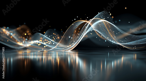 어두운 공간에서 빛나는 디지털 펄스 파형을 표현한 추상적 배경-Abstract background depicting a glowing digital pulse waveform in a dark space