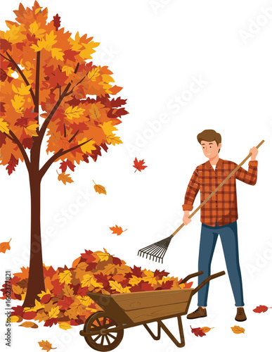 Man raking autumn leaves under orange tree with wheelbarrow seasonal fall yard work vector illustration