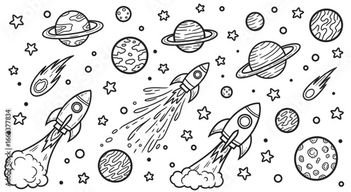 A collection of hand-drawn outer space elements including rockets, planets, stars, and comets in a doodle style.