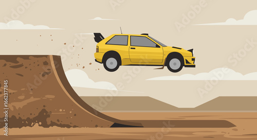 Exciting car jumping action desert landscape digital animation aerial view adventure concept. Vector illustration
