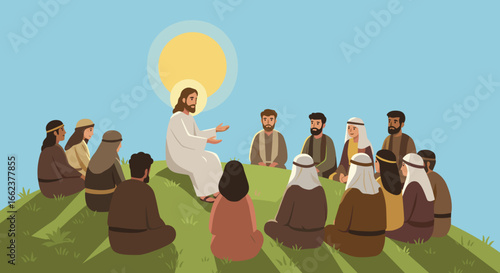 Teaching moment jesus inspires followers in serene outdoor setting spiritual illustration peaceful environment. Vector illustration