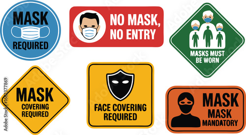 Collection of Varied Mask Required Signs, Detailing Mask Covering, Face Covering, and Entry Requirements