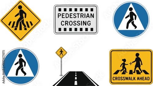 Collection of Various Pedestrian Crossing Signs Yellow Diamond, Blue Circle, and Rectangular Signs Displayed Together