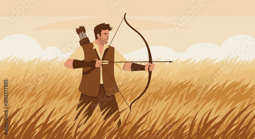 Archery action in golden fields outdoor adventure animated illustration peaceful environment heroic viewpoint. Vector illustration