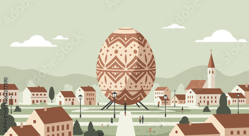 Cultural festival celebration featuring giant decorative egg quaint town digital art idyllic environment aerial view community spirit. Vector illustration