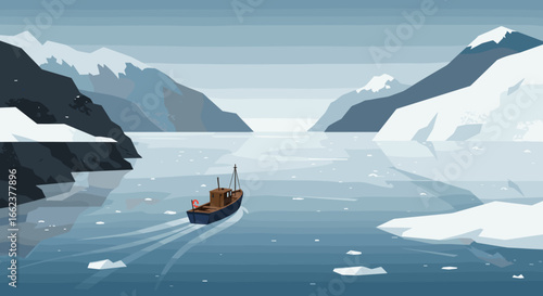 Exploring icy waters fishing boat journey amidst glacial landscape arctic ocean digital art serene environment. Vector illustration