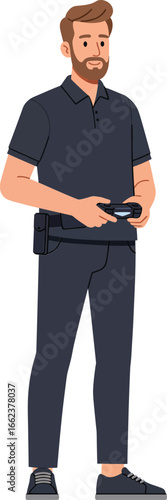 Man controlling drone with remote controller casual clothing standing vector illustration