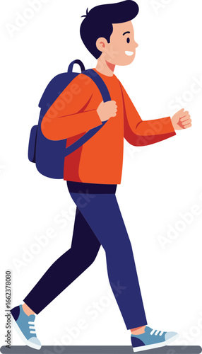 Boy walking with blue backpack orange sweater casual style vector illustration side view