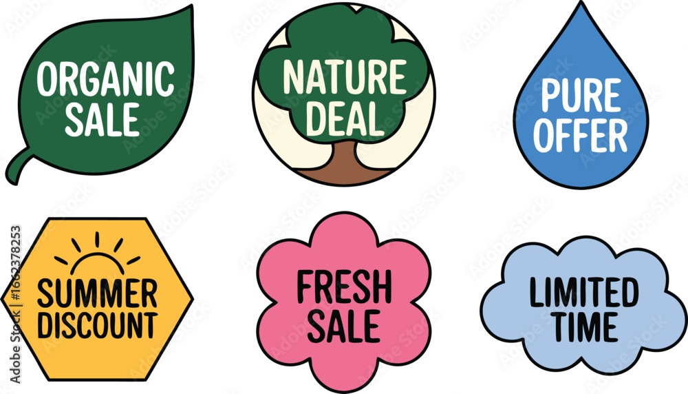 Obraz premium Colorful Cartoon Discount Badges Featuring Organic Sale, Nature Deal, Pure Offer, Summer Discount, Fresh Sale, Limited Time