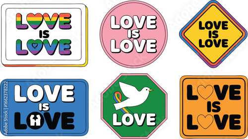 Colorful Assortment of Love is Love Stickers Featuring Hearts, Rainbows, a Dove, and Shapes