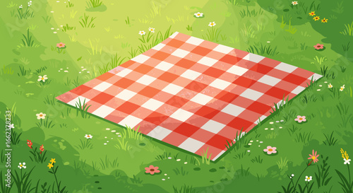 Picnic setup with red checkered blanket in lush green field outdoor relaxation nature perspective. Vector illustration