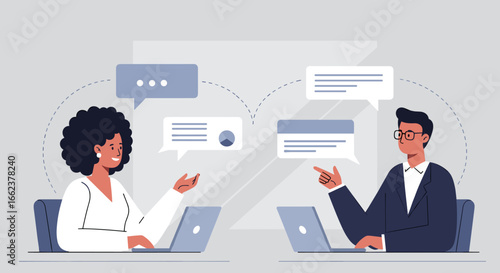 Virtual meeting discussion office setting digital communication collaborative environment engaging viewpoint. Vector illustration