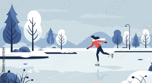 Winter ice skating action frozen lake digital illustration snowy landscape side view leisure activity. Vector illustration