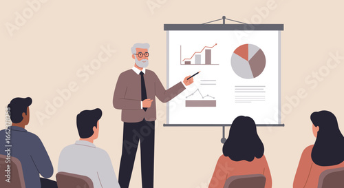 Business presentation on data analysis conference room infographic display professional setting educator perspective. Vector illustration