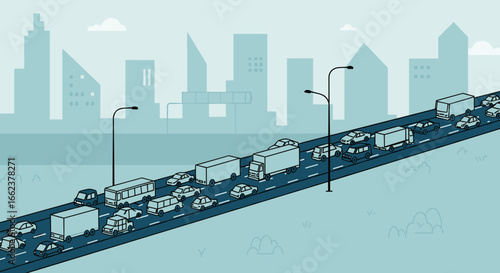 Traffic jam on busy highway urban cityscape digital illustration daytime aerial view transportation concept. Vector illustration