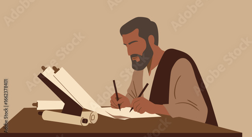 Writing historical manuscripts scribe at work ancient library illustration calm environment close-up creative process. Vector illustration