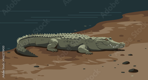 Crocodile sunbathing by the river wildlife photography natural habitat serene environment. Vector illustration