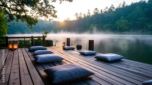 Wallpaper Mural Serene Lakeside Retreat: Sunrise, Pillows, Lanterns, and Misty Waterscape Torontodigital.ca