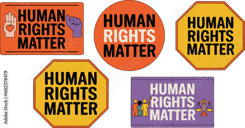 Colorful 'Human Rights Matter' Signage Set Featuring Diverse Symbols of Equality and Justice