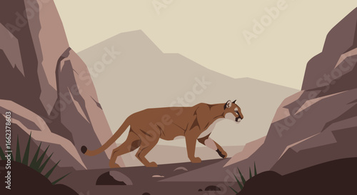Puma stalking through rocky terrain mountain landscape wildlife illustration desert environment side view nature concept. Vector illustration