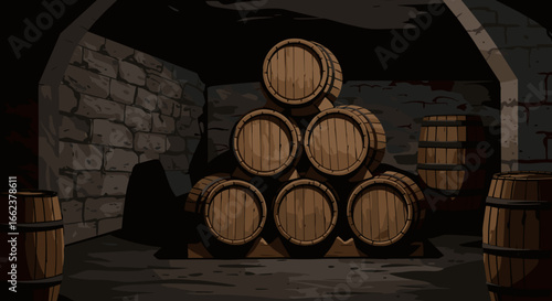 Barrel stacking event in an old stone cellar vintage wood storage dark atmosphere rustic viewpoint. Vector illustration