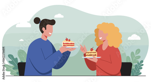 Friends celebrating togetherness cozy delicious cakes cheerful atmosphere joyful gathering sweet memories. Vector illustration