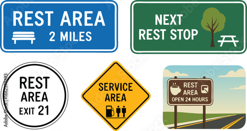 Colorful Road Signs Depicting Rest Area, Service Area, and Exit Information for Travelers