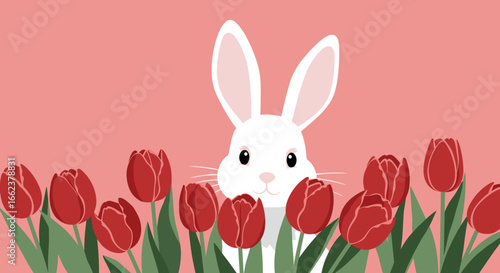 Playful white rabbit among vibrant red tulips spring garden digital illustration cheerful atmosphere. Vector illustration