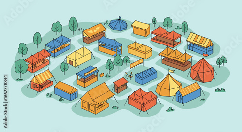 Festive market event colorful outdoor venue illustration vibrant environment aerial view community gathering. Vector illustration