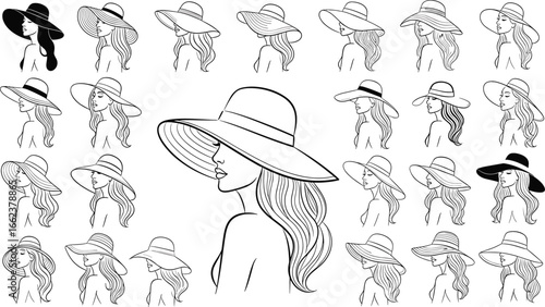 Elegant woman in wide‑brimmed hat illustration set, twenty angles, stylish profile portraits, flowing hair vector art for fashion and design