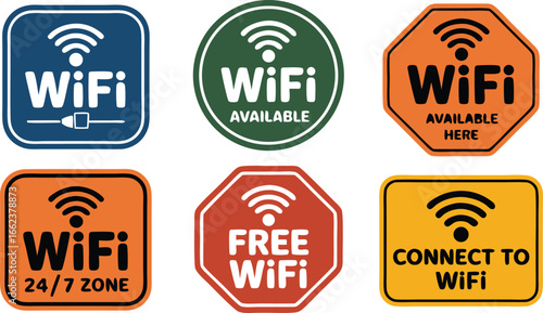 Colorful WiFi Signage Collection Featuring Free, Available, Connect To, and 24/7 Zone Options