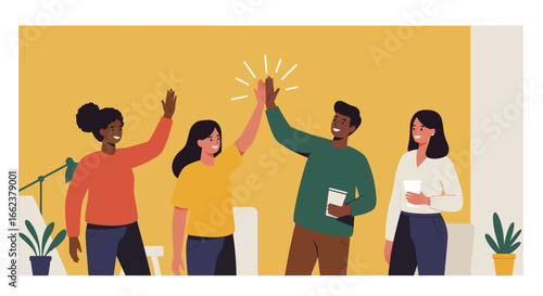 Team collaboration celebration office space digital illustration bright environment eye-level viewpoint. Vector illustration